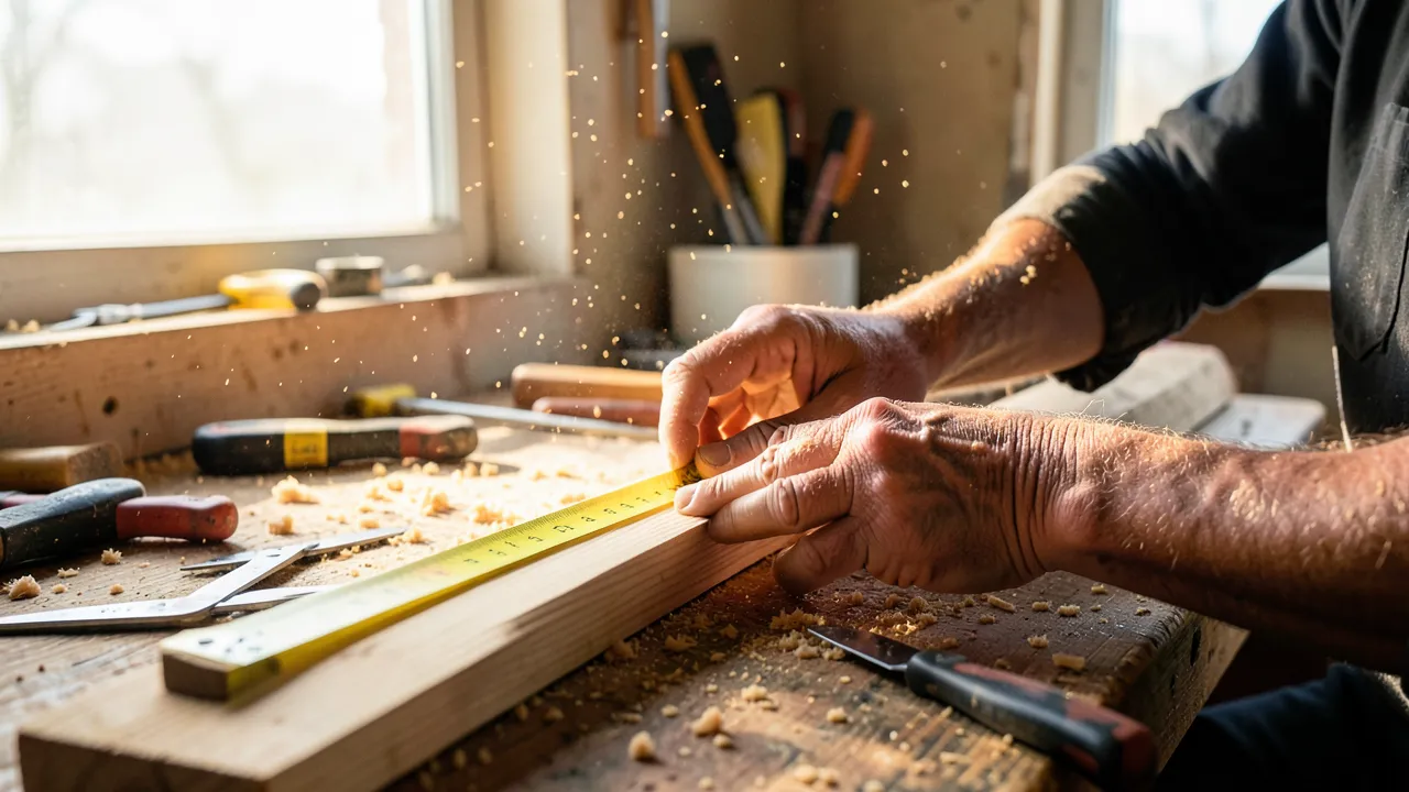 Hände beim Heimwerken an einer Werkbank mit Holzbrett und Maßband, im Hintergrund liegen Werkzeuge im Workshop, warmes Fensterlicht und geringe Tiefenschärfe.